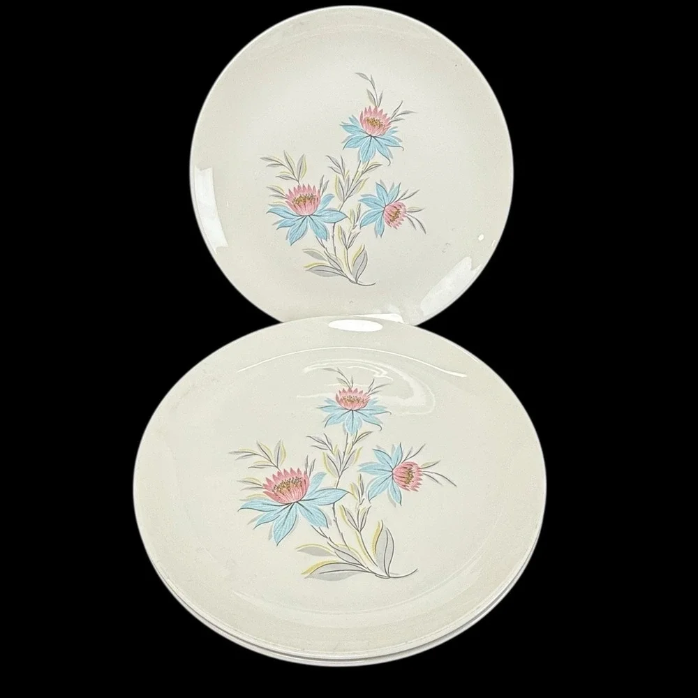 Steubenville‎ Pottery Fairlane Dinner Plates Pink Blue Flower USA Set Of 3